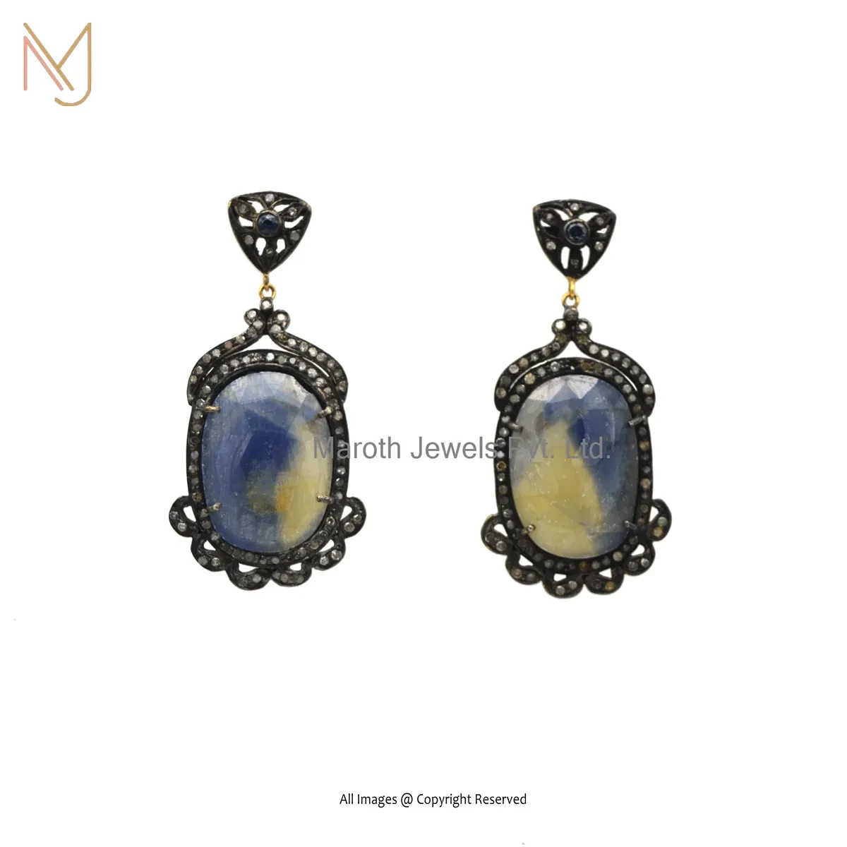 14K Yellow Gold Pave Diamond And Blue Sapphire Drop Earring Jewelry Supplier