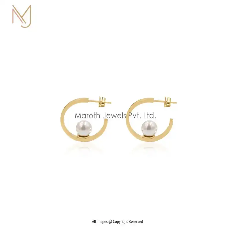 925 Silver Yellow Gold With Pearl Hoop Earrings Manufacturer