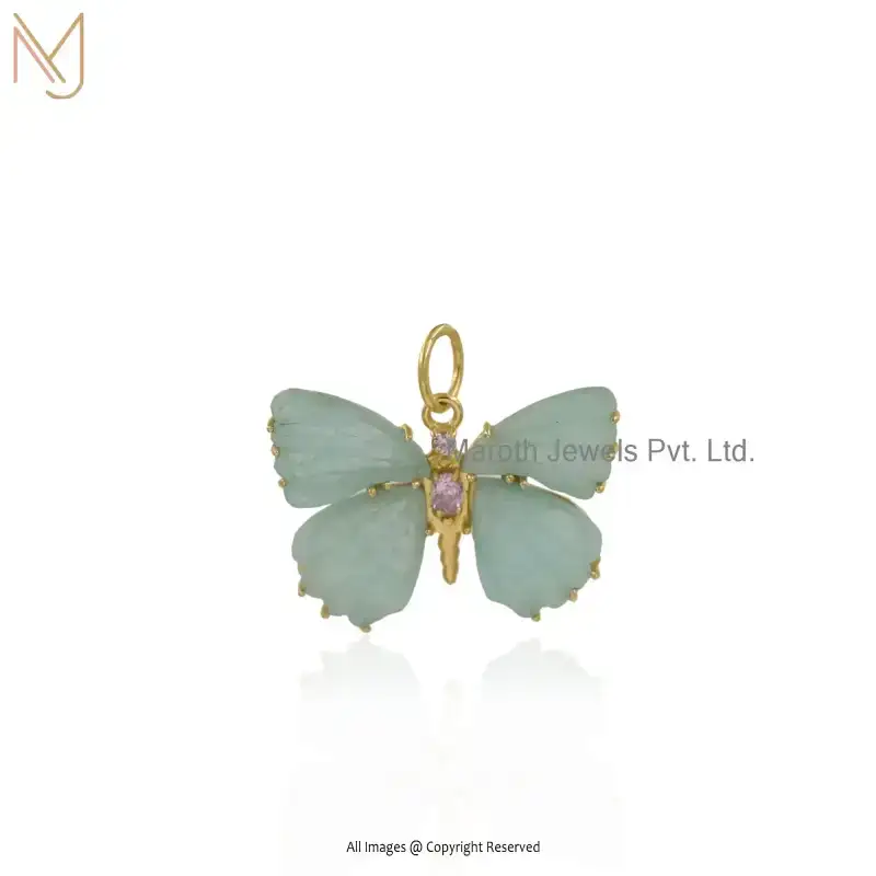 925 Sterling Silver Yellow Gold Plated Amazonite & Pink CZ White CZ Butterfly Gemstone Pendant USA