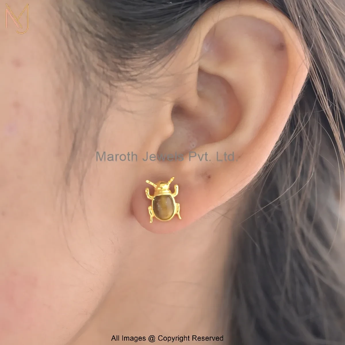 14K Yellow Gold Tiger Eye Gemstone Scarab Stud Earring Jewelry Supplier