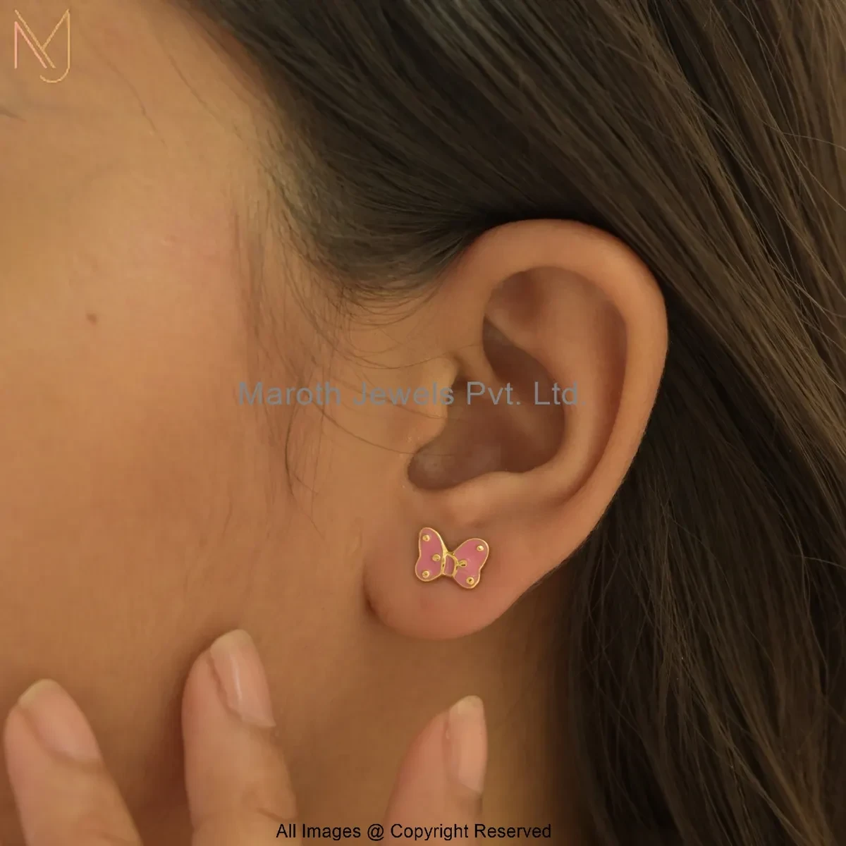 925 Silver Yellow Gold Plated Pink Enamel Butterfly Stud Earring Jewelry Supplier