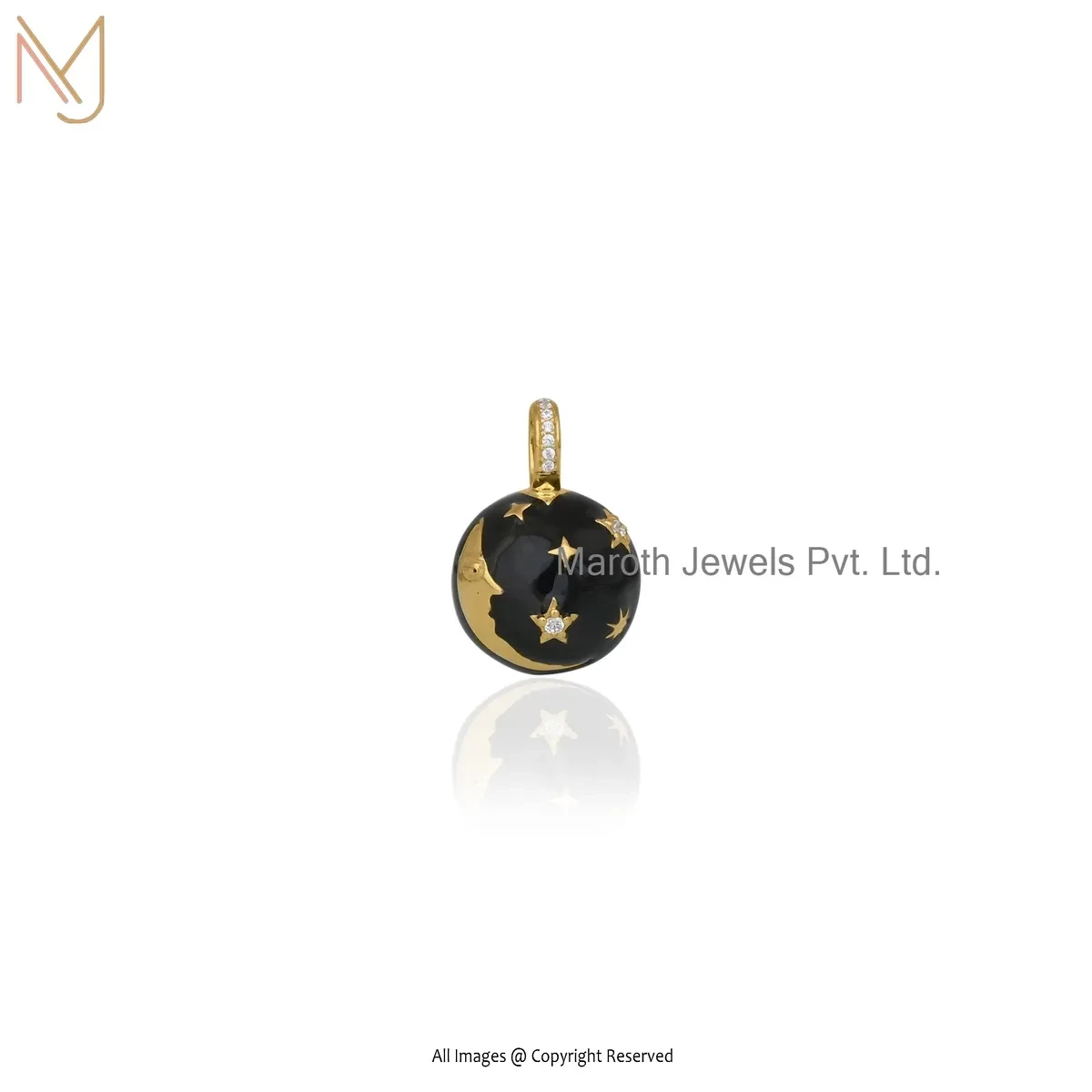 Wholesale 925 Silver Yellow Gold Plated Cubic Zircon & Black Enamel Half Moon Ball Pendant