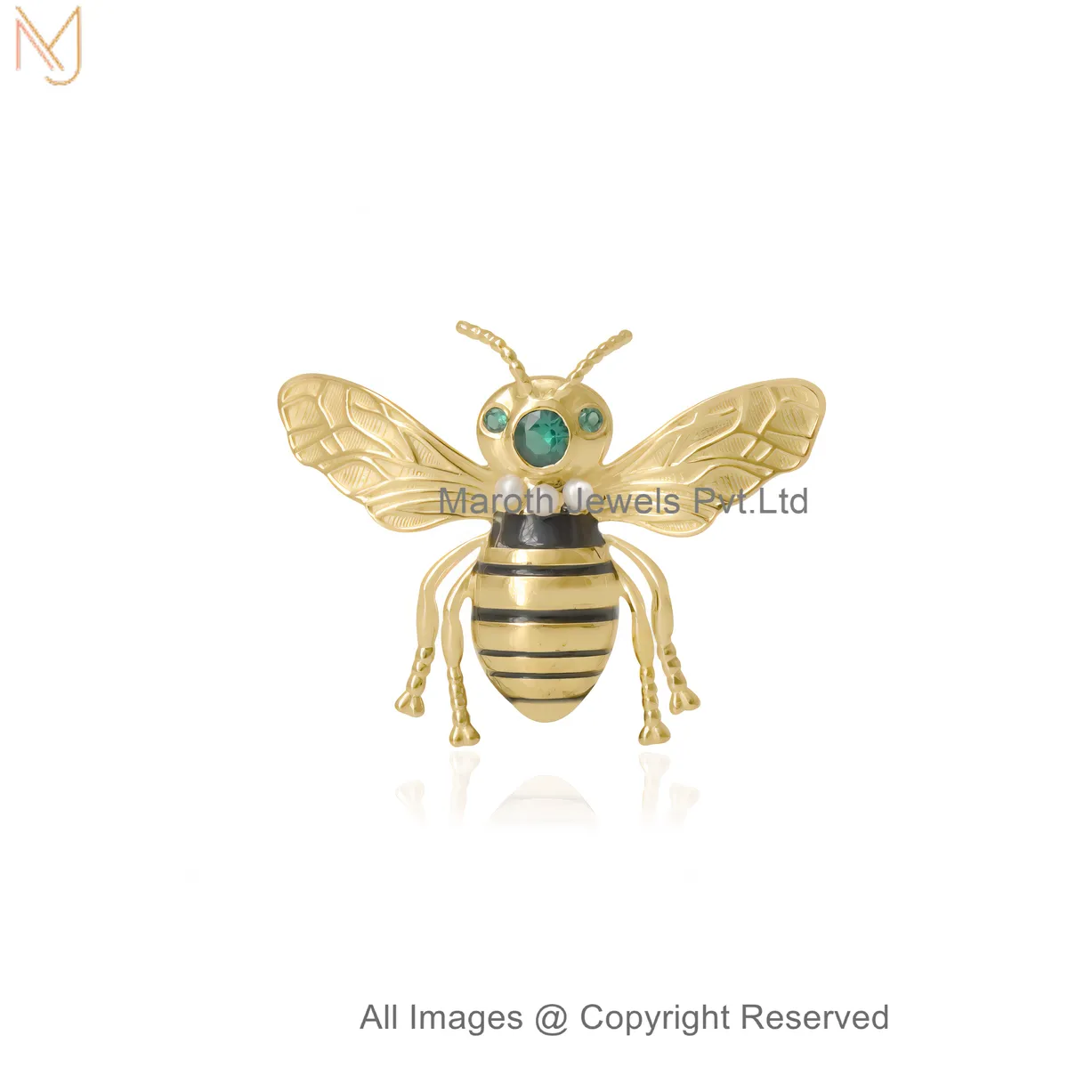 Wholesale 925 Sterling Silver Yellow Gold-Plated CZ Gemstone Black Enamel Honey Bee Charm Pendant