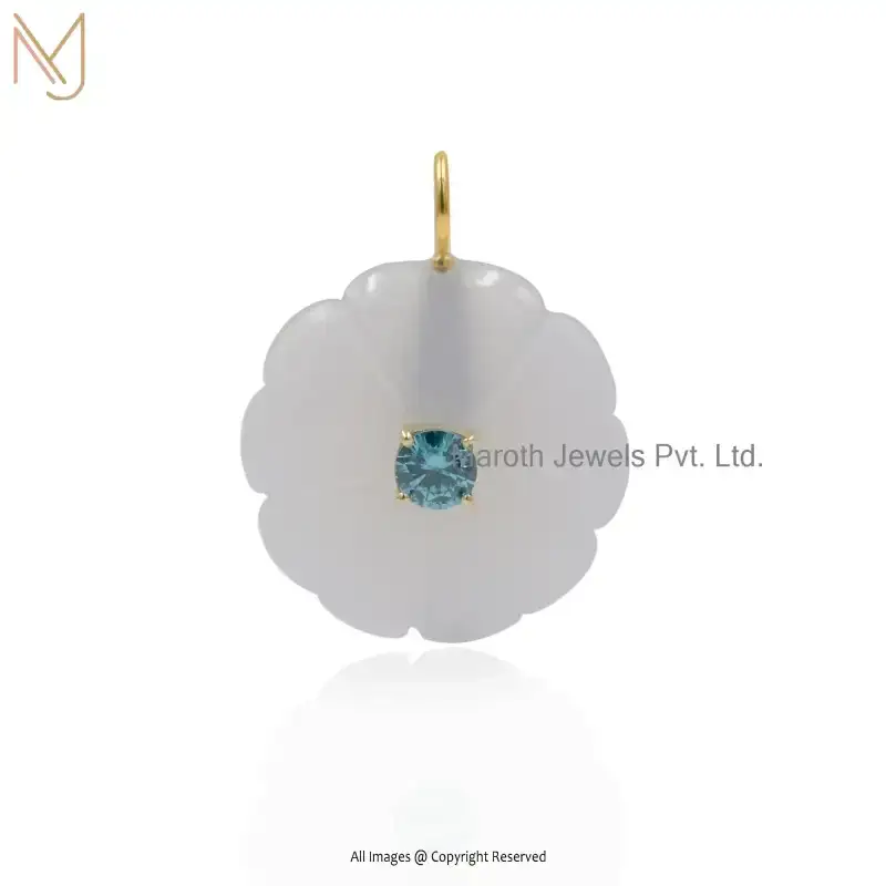 14K Yellow Gold Orange Coral Middle Stone Blue Topaz Gemstone Flower Pendant Jewelry Supplier