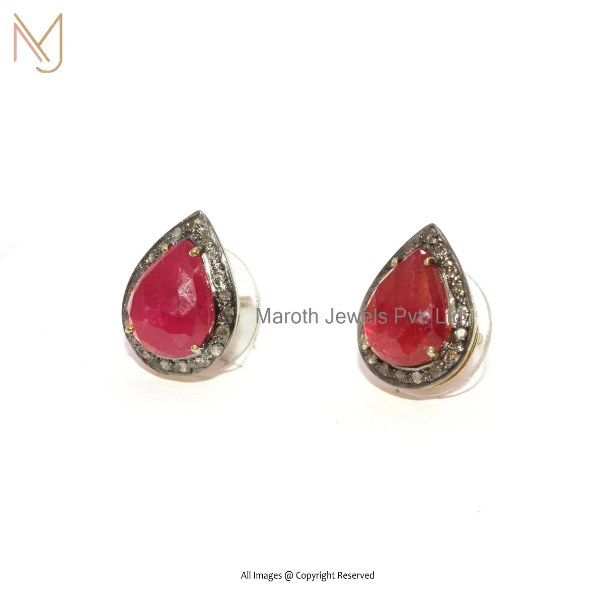 925 Silver Rhodium Yellow Gold Plated Pave Diamond Ruby Teardrop Stud Earring Custom Jewelry