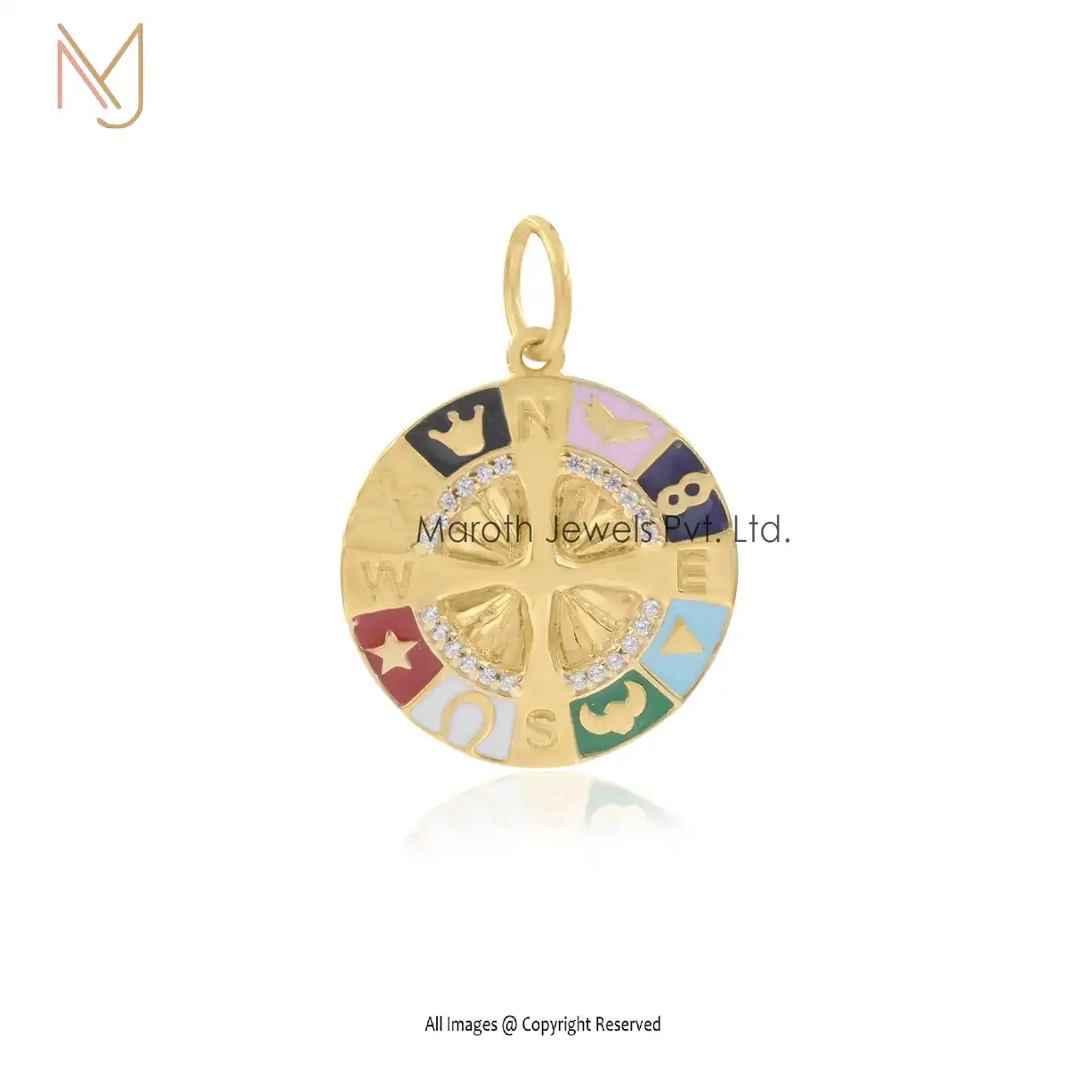 Wholesale 14K Yellow Gold CZ Compass Multi Enamel Pendant Jewelry