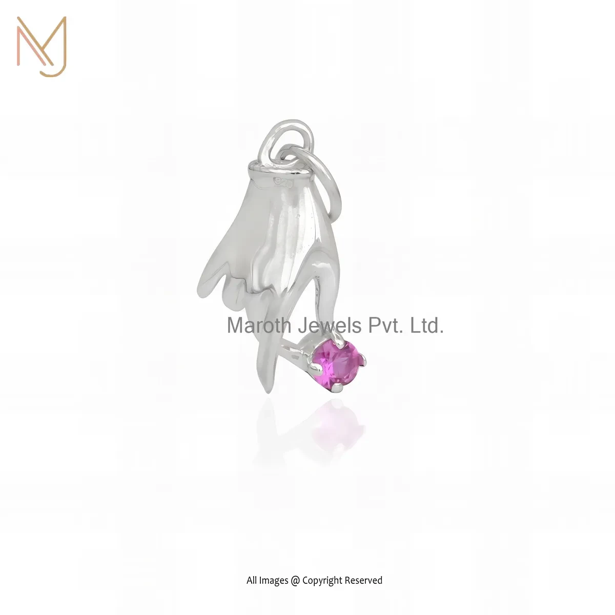 Wholesale 925 Silver Natural Silver Plated Pink Sapphire Mano Fico Figa Pendant