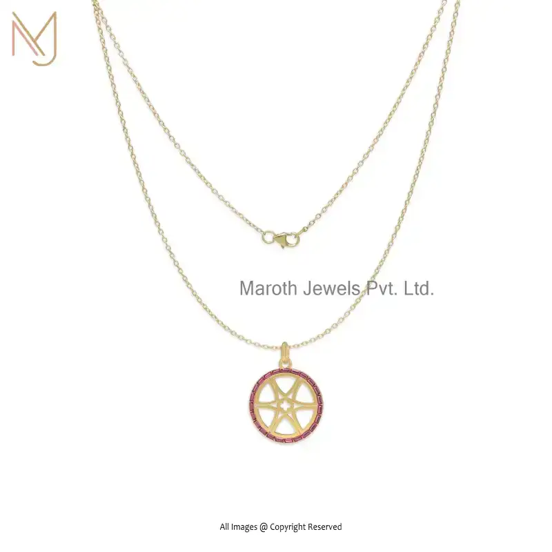 14K Yellow Gold Pink Sapphire Baguettes Disc Flower Pendant Jewelry USA