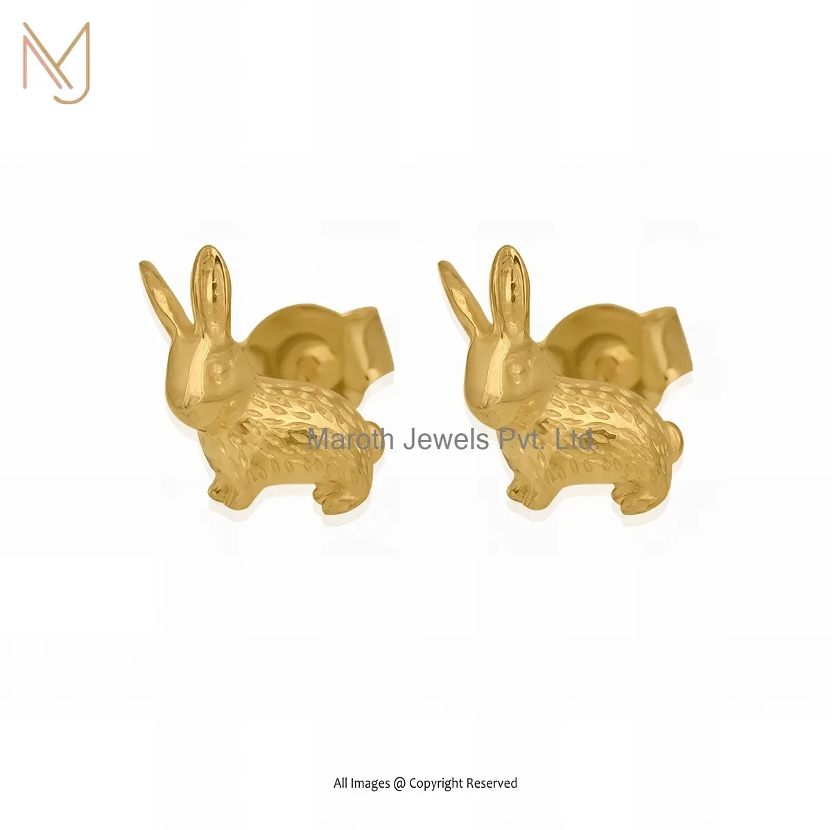 925  Silver Yellow Gold Plated Rabbit 3D Design Studs Manufacturer