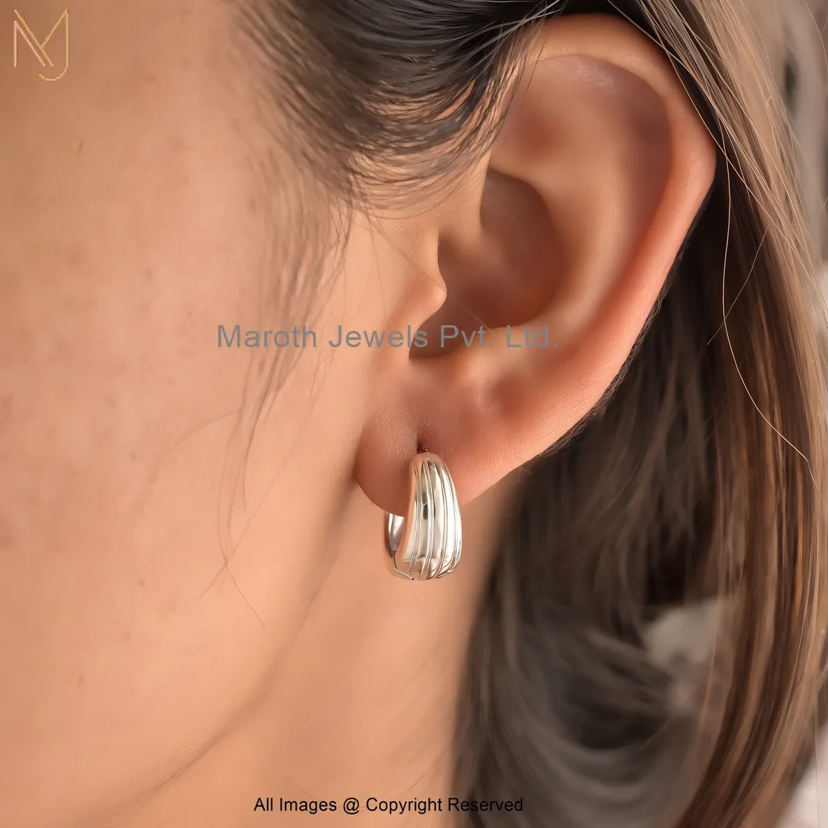14K White Gold Fluted Finish Hoop Huggies Earrings Custom Jewelry