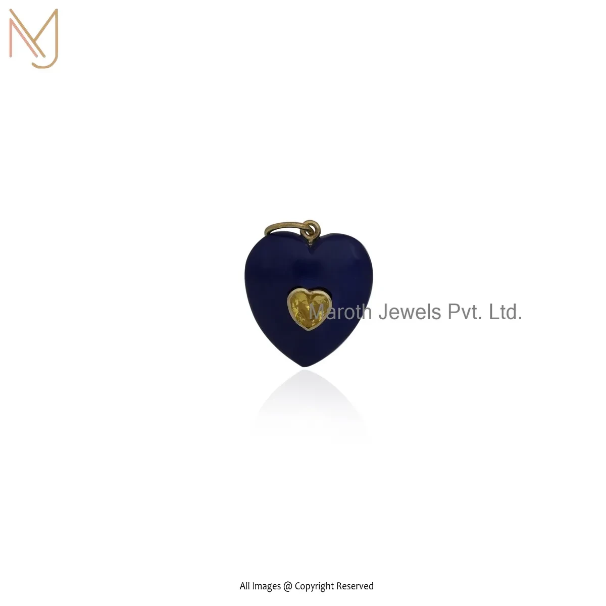 Wholesale 14K Yellow Gold Cubic Zircon & Lapiz Lazuli Heart Charm Pendant