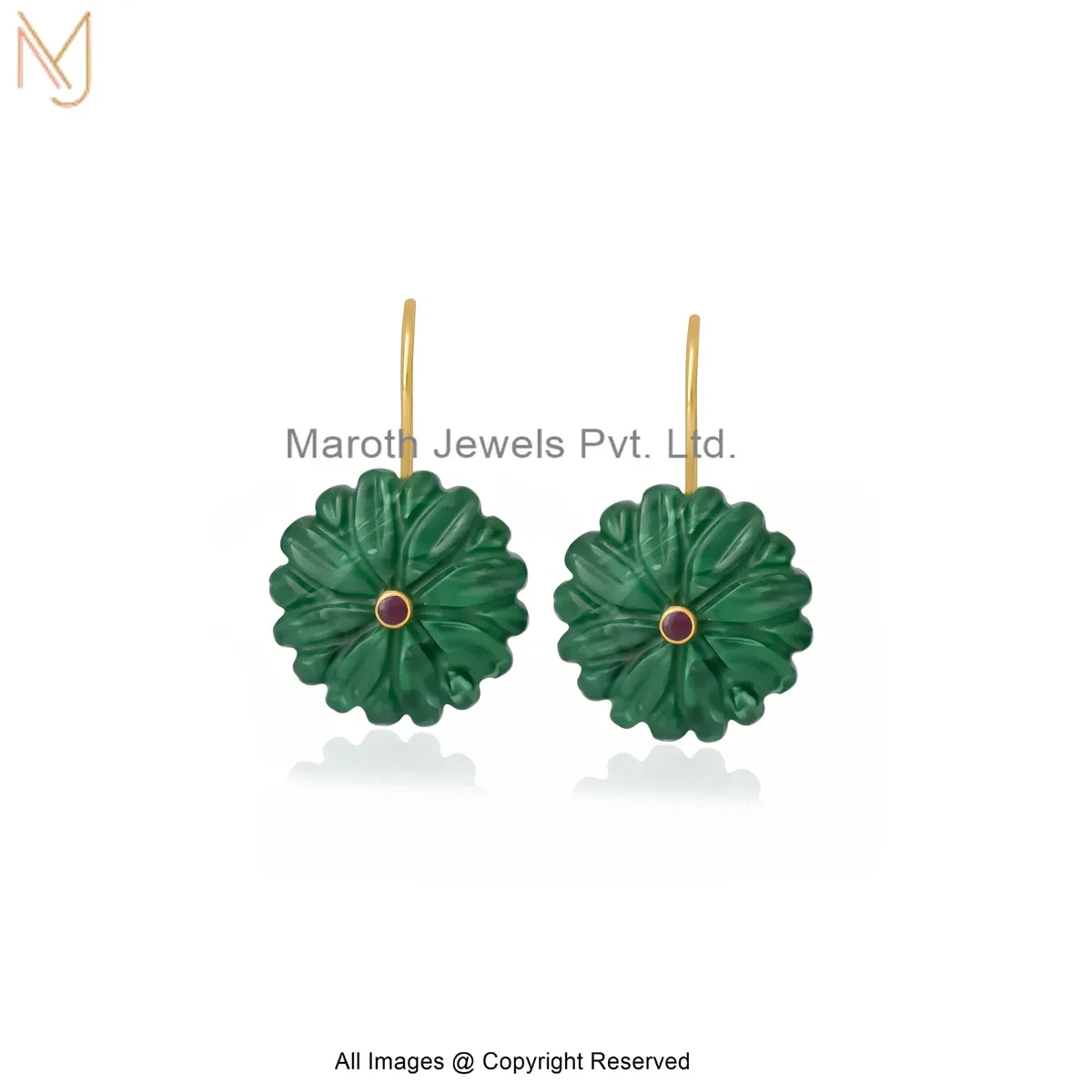 14K Yellow Gold Carved Gemstone Flower Drop Earring Jewelry Supplier