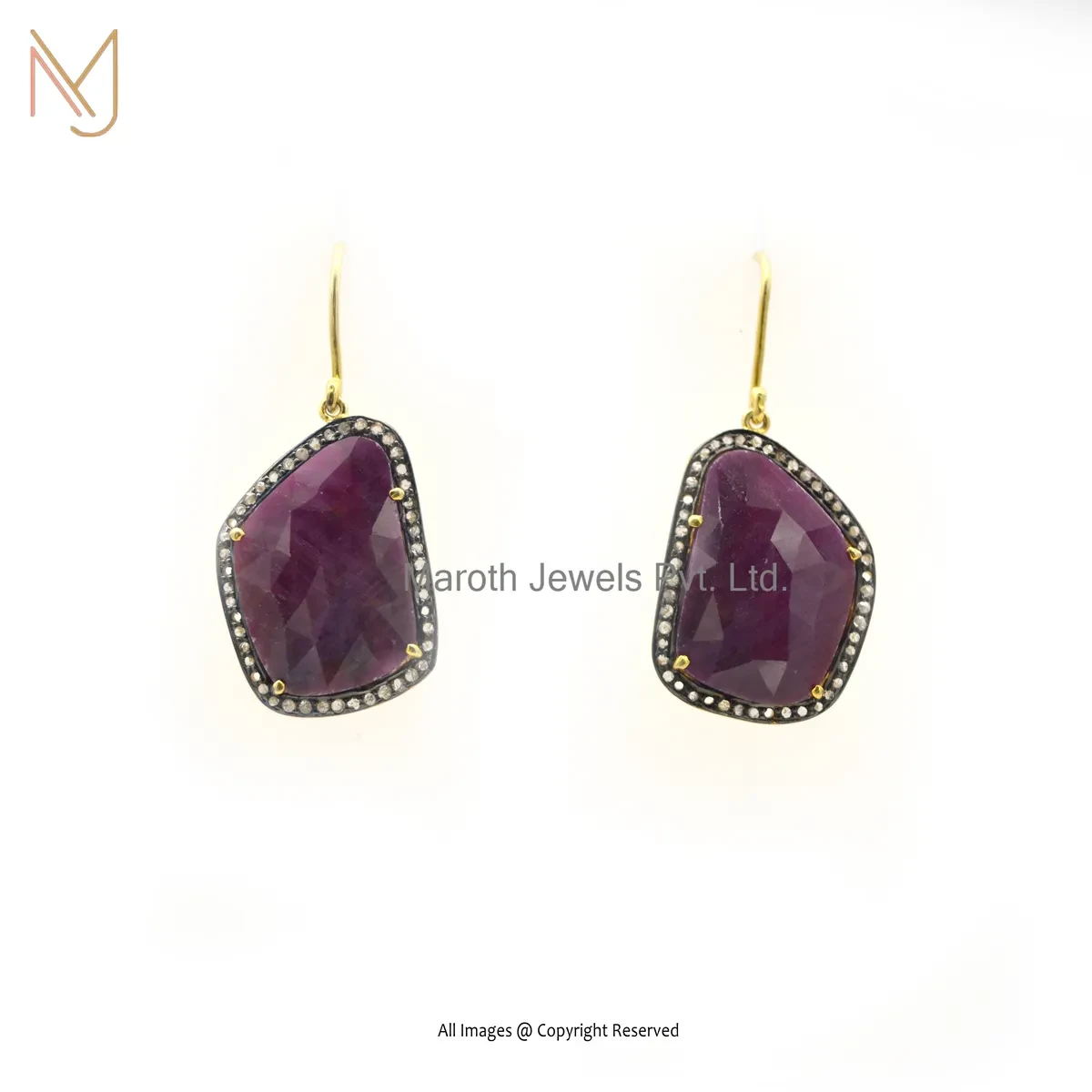 925 Silver Yellow Gold Plated Pave Diamond Ruby Dangle Earring Jewelry Manufacturer