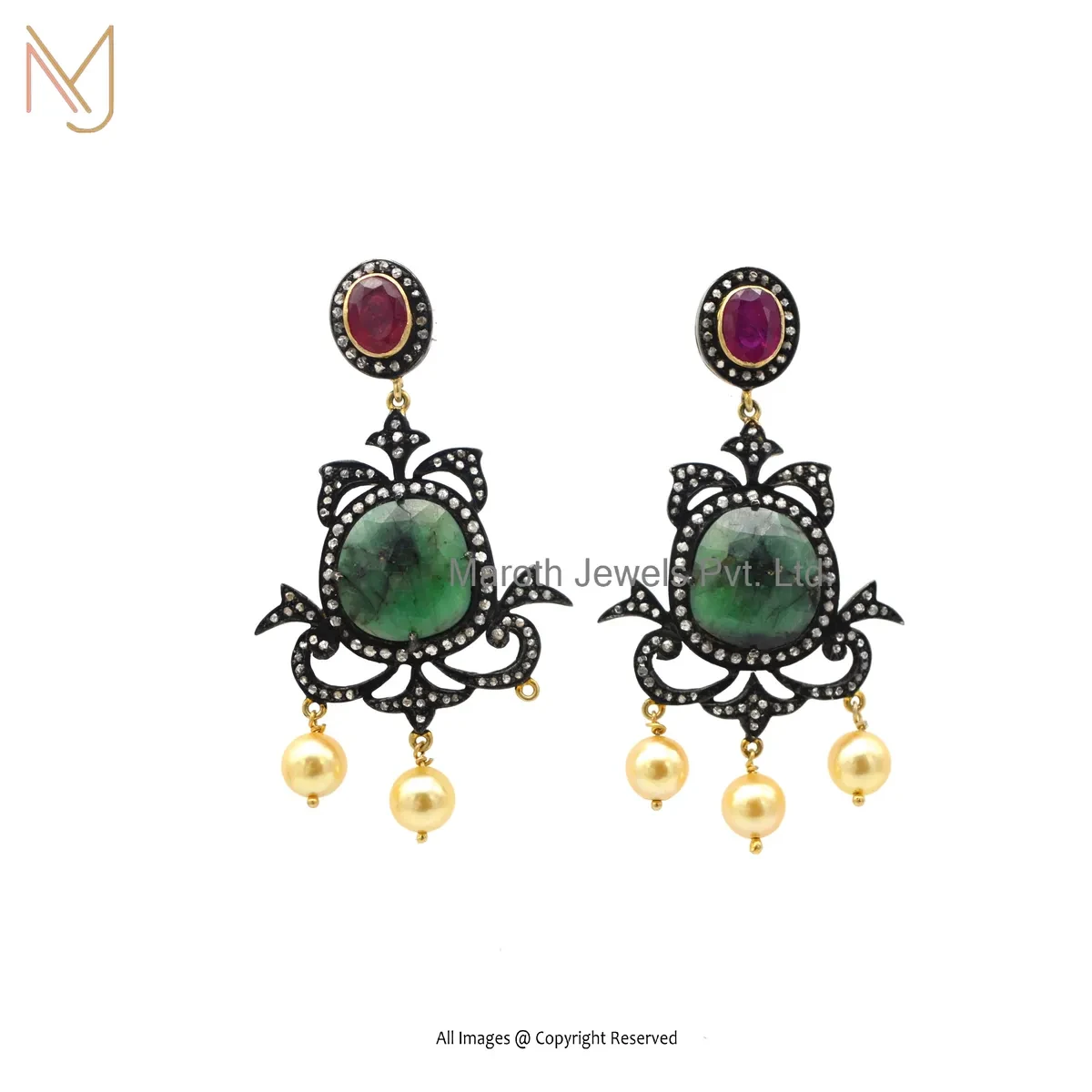 Private Lable 14K Yellow Gold Pave Diamond , Emerald , Ruby , Pearl Gemstone Drop Earring