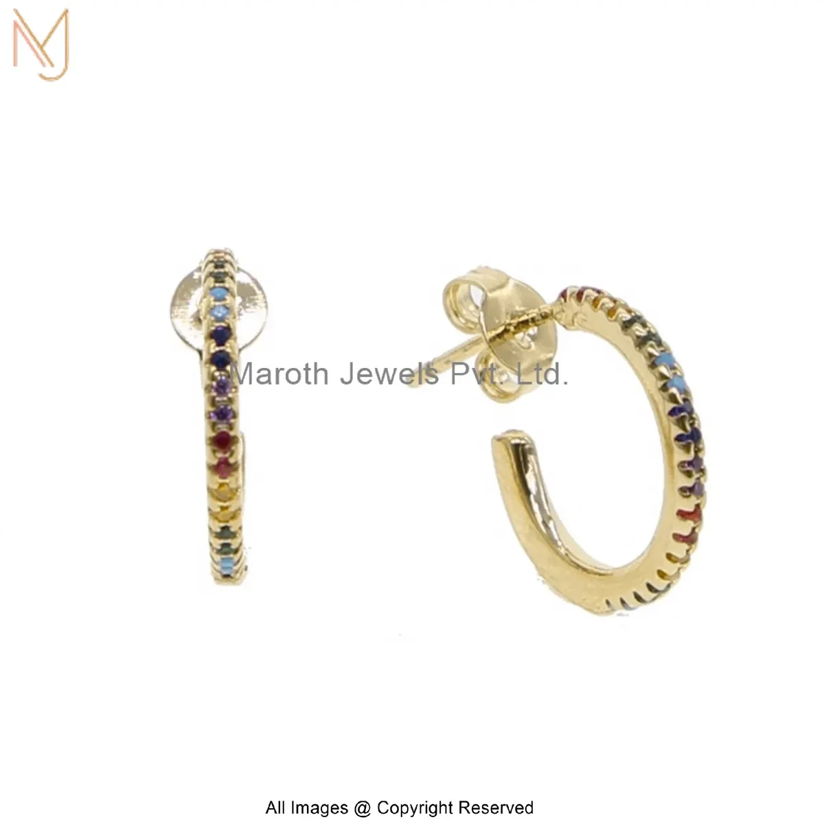 14K Yellow Gold Diamond Multi Gemstone Hoop Huggies Earring Jewelry Supplier