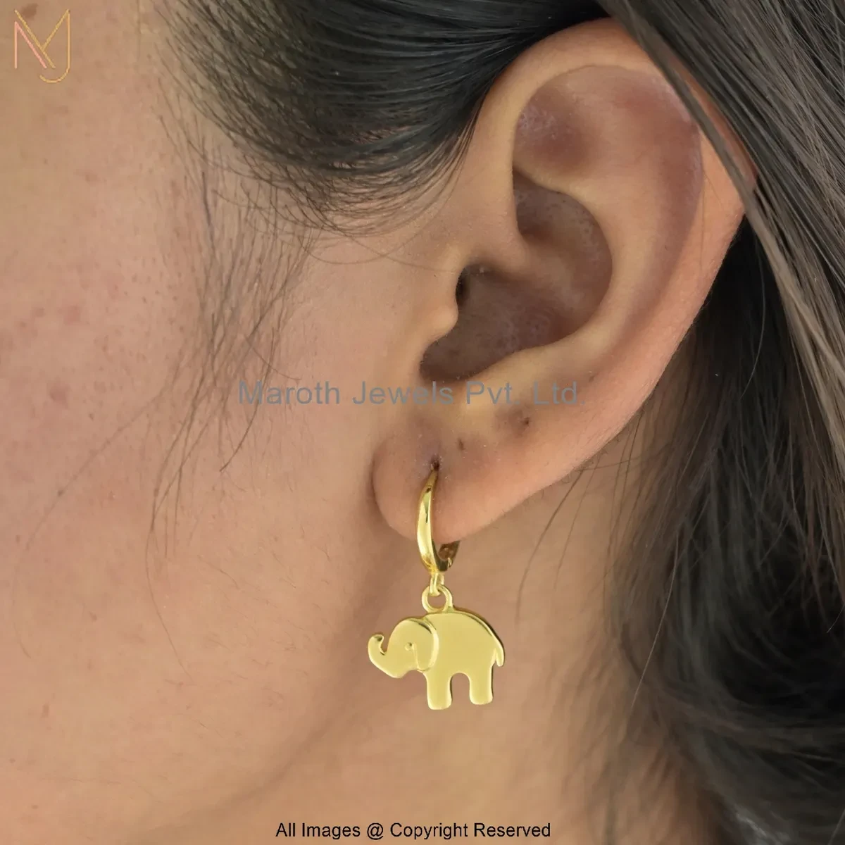 14K Yellow Gold Minimal Elephant Charm Hoop Earring Manufacturer