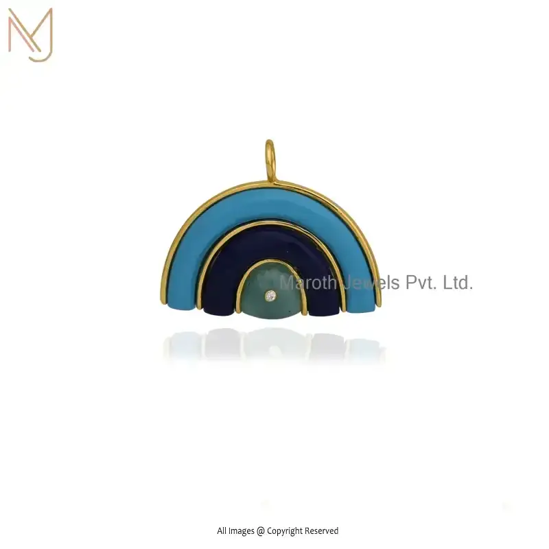 14K Yellow Gold Turquoise And Amazonite & Moissanite Rainbow Gemstone Pendant USA
