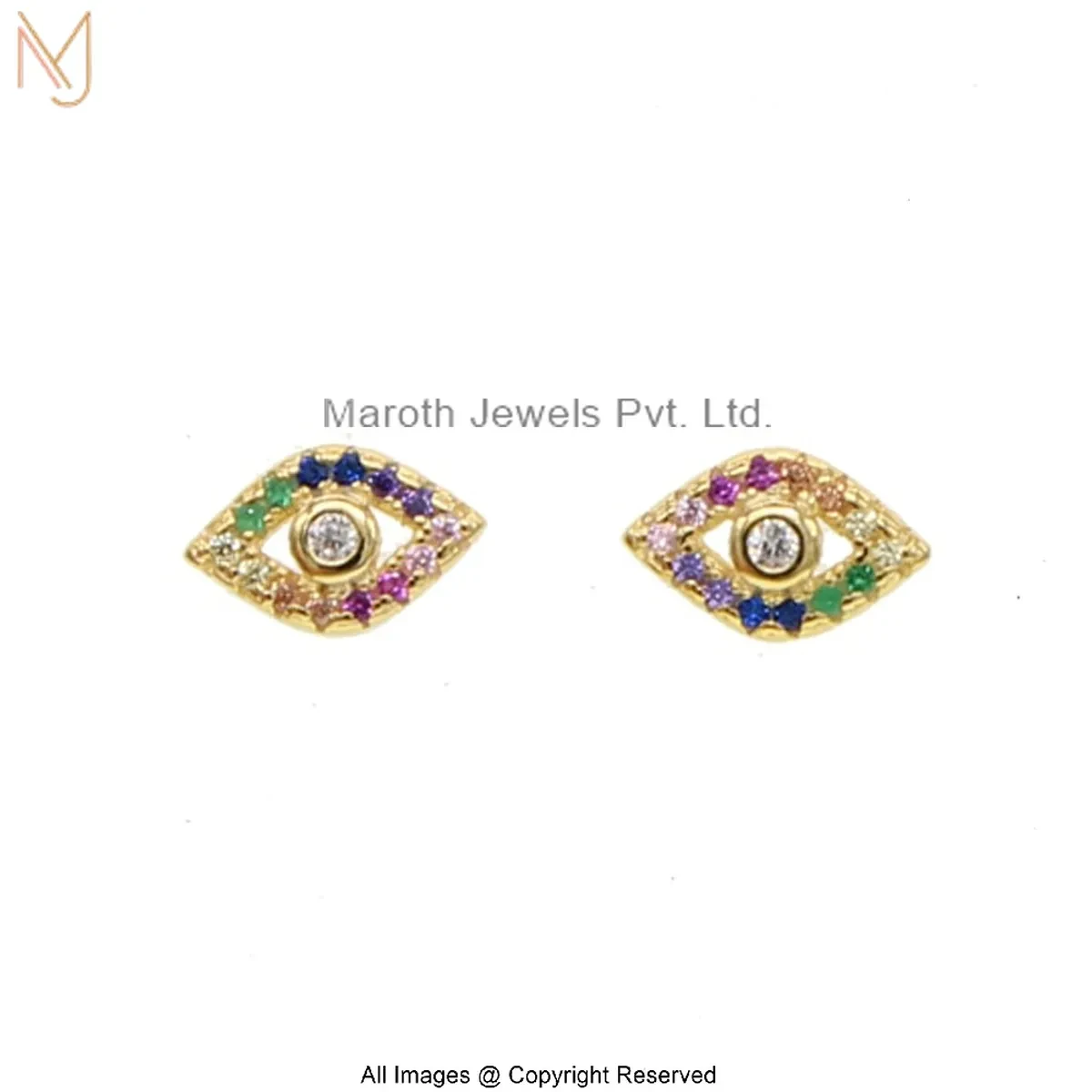 925 Silver Yellow Gold Plated Diamond Multi Gemstone Evil Eye Stud Earring Manufactuer