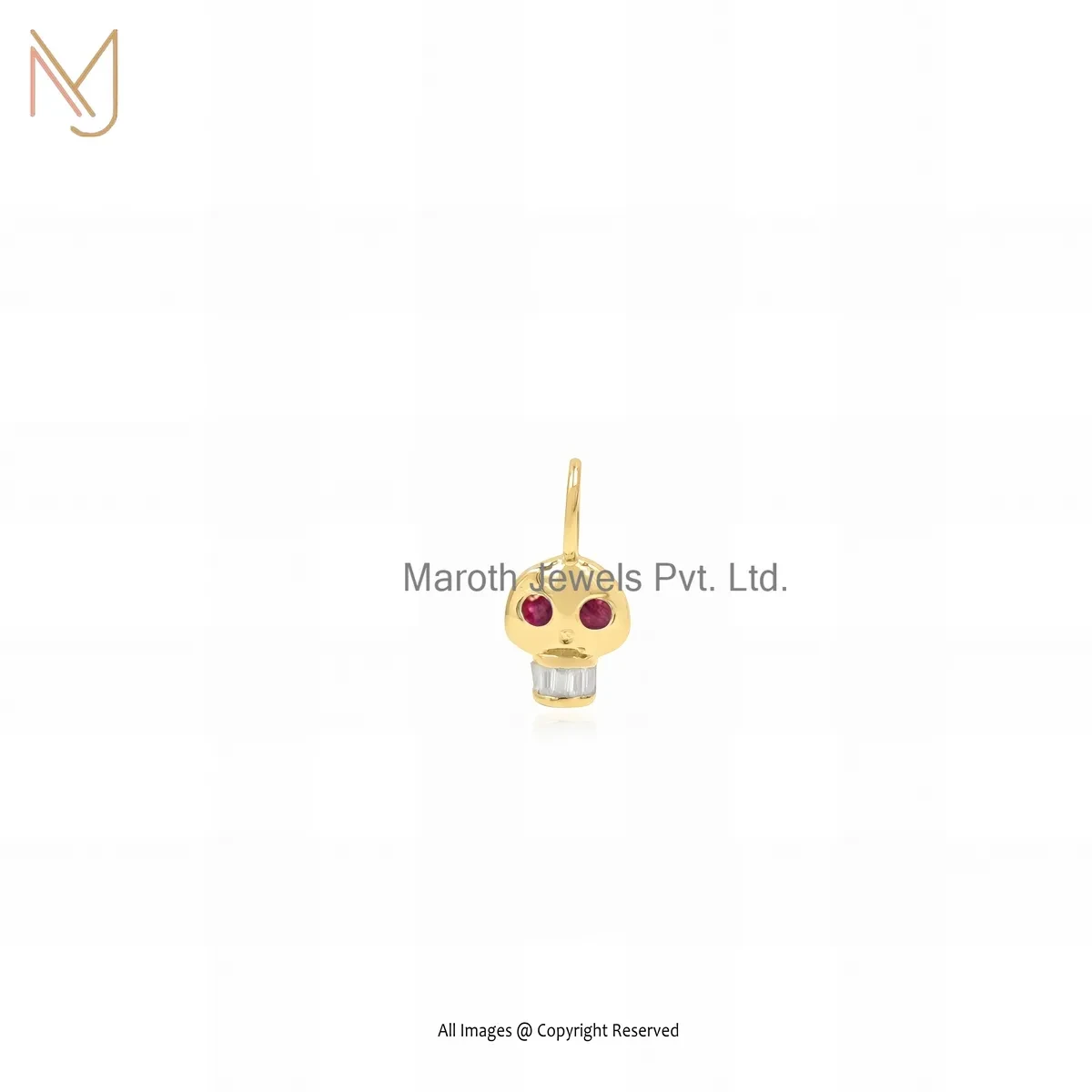 Wholesale 14K Yellow Gold Diamond & Ruby Gemstone Baguette Skull Pendant