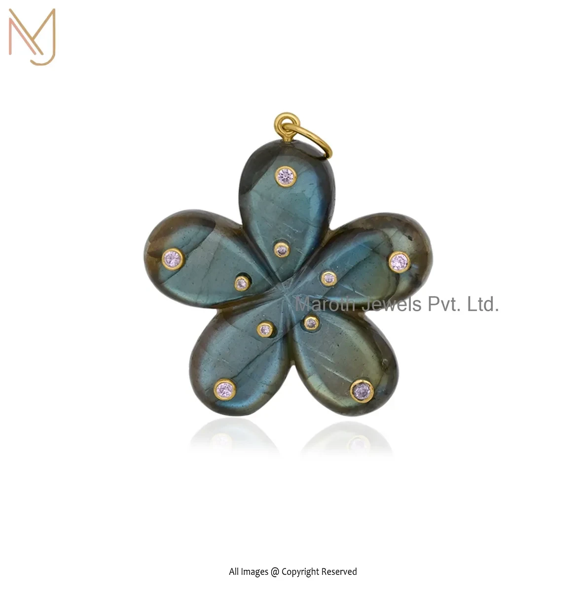 Private Lable 9K Yellow Gold Pink Opal And Ruby CZ Flower Pendant
