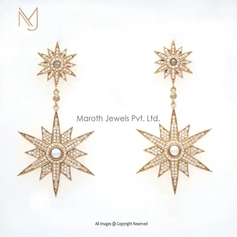 14K Yellow Gold Cubic Zircon Diamond Starburst Drop Earrings Jewelry Supplier