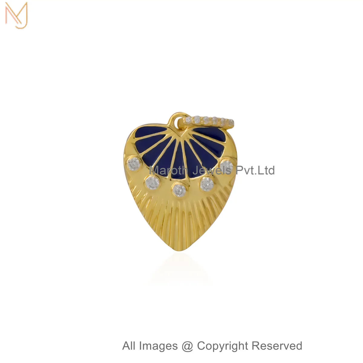 Wholesale 14K Yellow Gold Diamond Cubic Zircon Sunburst Style Blue Enamel Fluted Heart Pendant