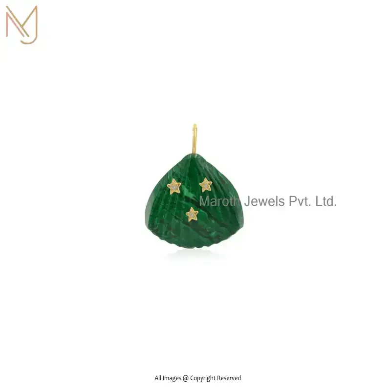 14K Yellow Gold Malachite And White CZ Gemstone Shell Pendant Custom Jewelry