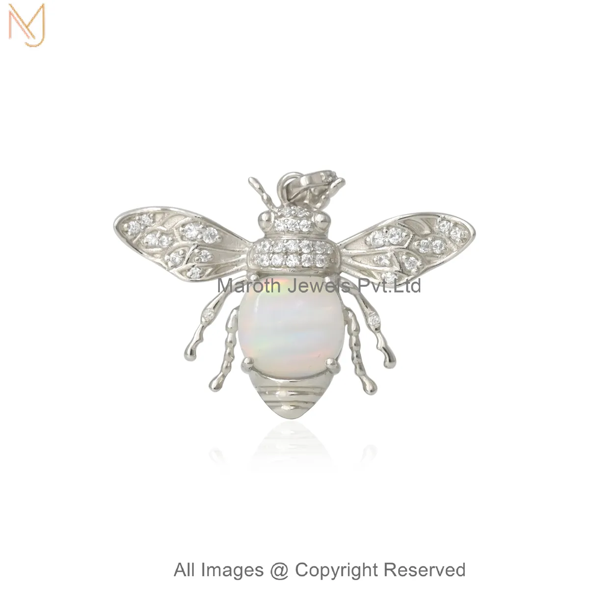 14K White Gold Diamond Ethiopian Opal Honey Bee Pendant Jewelry Supplier