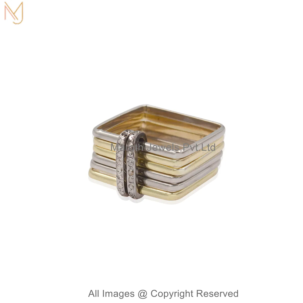 925 Sterling Silver Yellow Gold-Plated Two-Tone Multi-Layer Square Band Ring with CZ Accent Jewelry Supplier