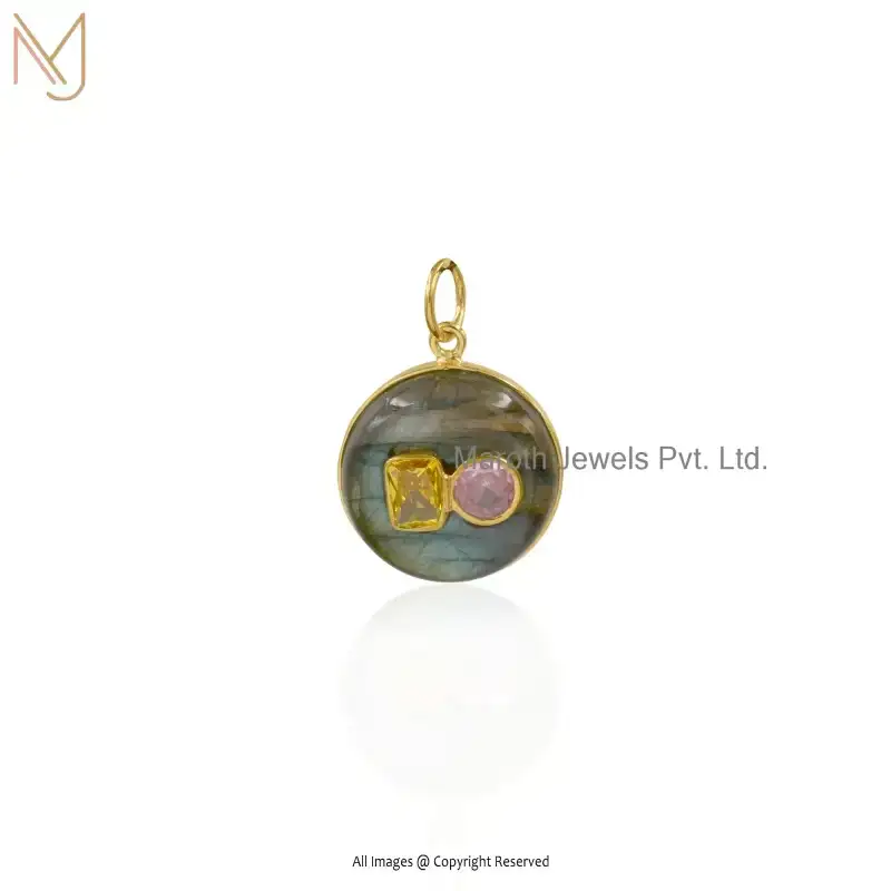 14K Yellow Gold Labradorite & Cubic Zircon Round Ball Gemstone Pendant Custom Jewelry