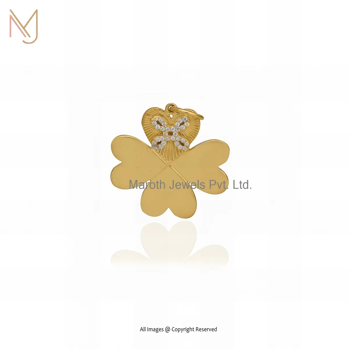 Private Lable 14K Yellow Gold Diamond & Cubic Zircon Heart Leaf Charm Pendant