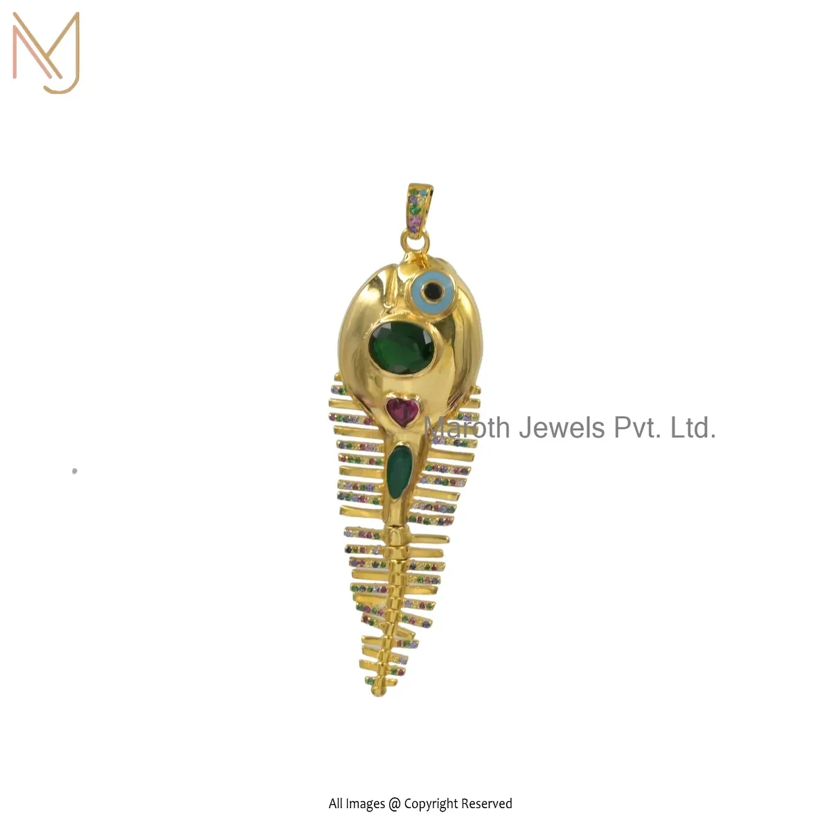 14K Yellow Gold Multi Gemstone Fish Pendant Custom Jewelry