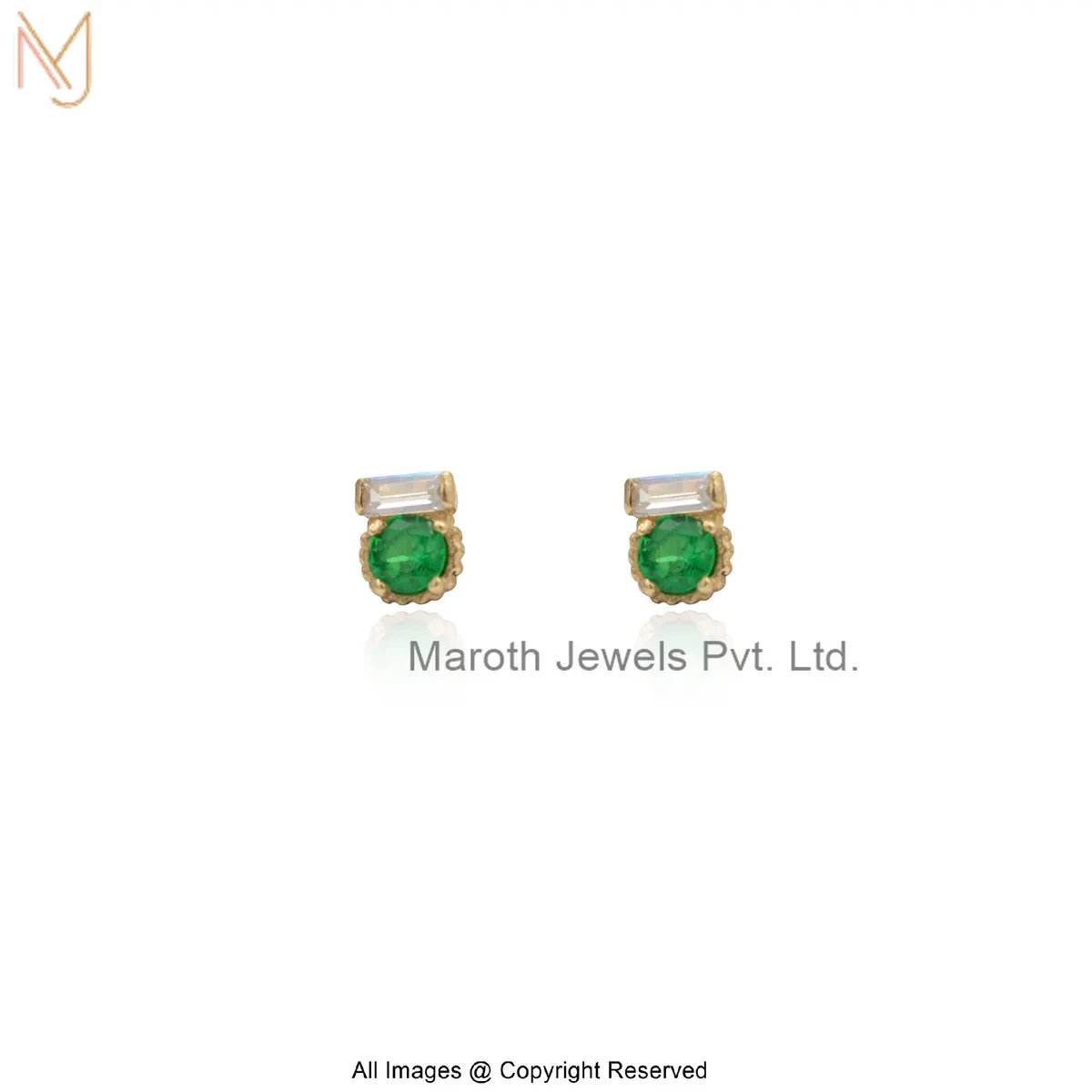 925 Silver Yellow Gold Plated Green Cubic Zircon Baguette Stud Earring Jewelry Supplier