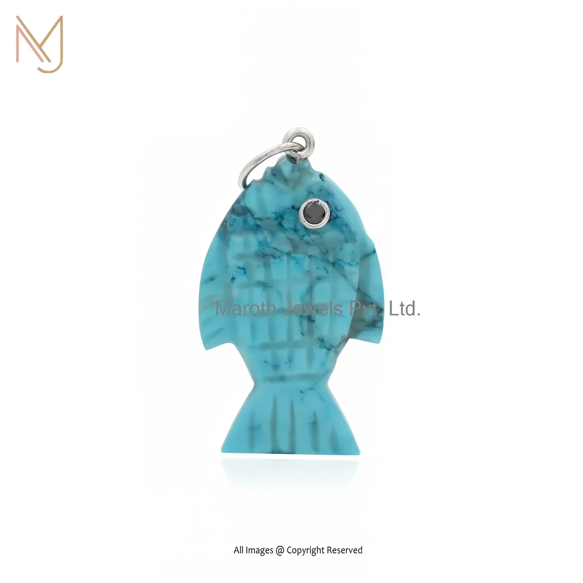 Wholesale 14K White Gold Turquoise & Black Cubic Zircon Fish Charm Pendant