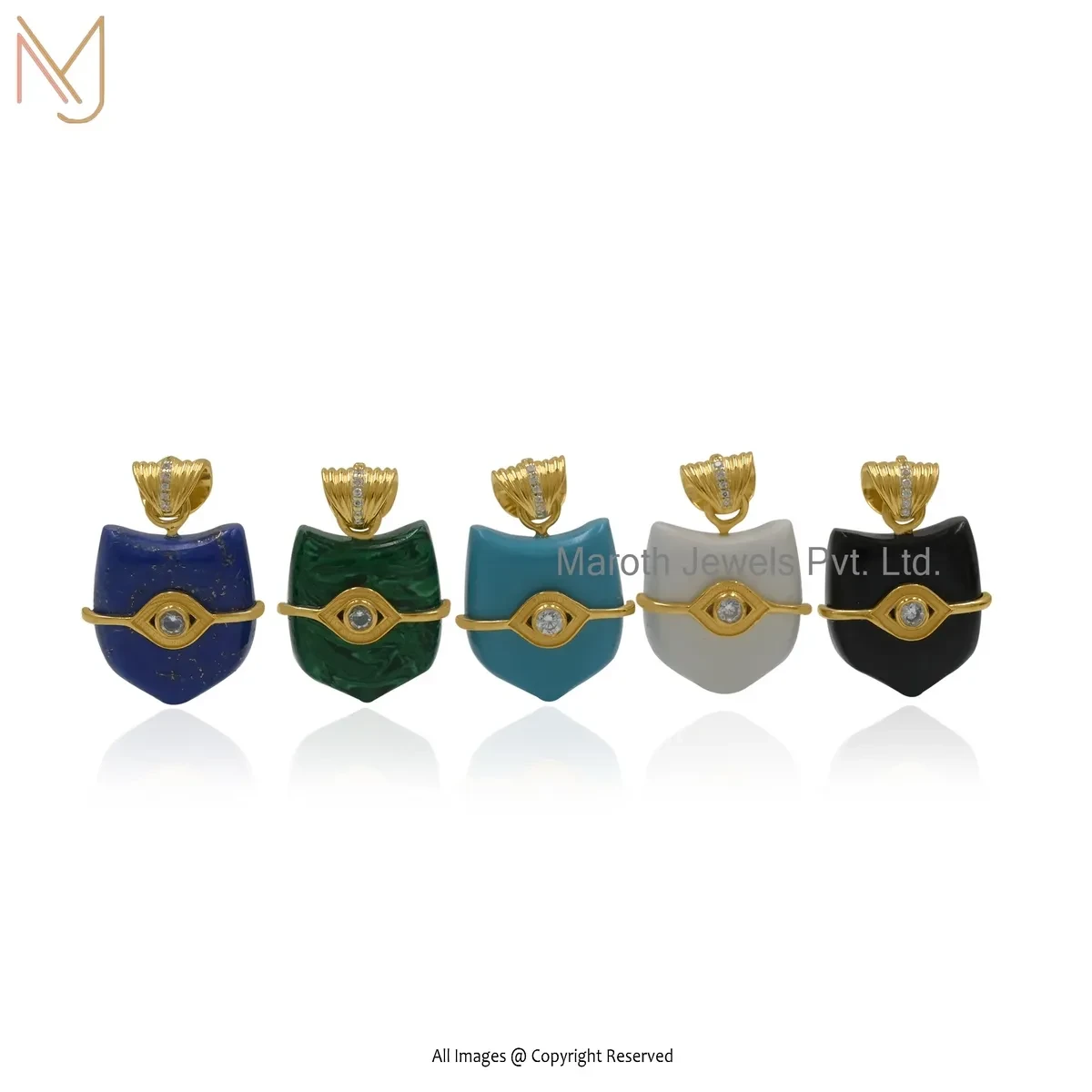 Wholesale 925 Silver Yellow Gold Plated Cubic Zircon & Malachite Gemstone Shield Pendant