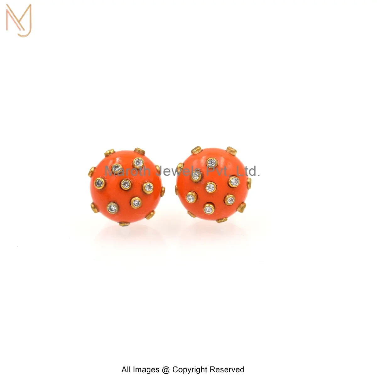 14K Yellow Gold Cubic Zircon Ball-Shaped Coral Stud Earrings Custom Jewelry
