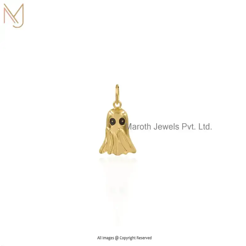 925 Silver Yellow Gold Plated Black Enamel Smaller Ghostie Boo Charm Pendant USA