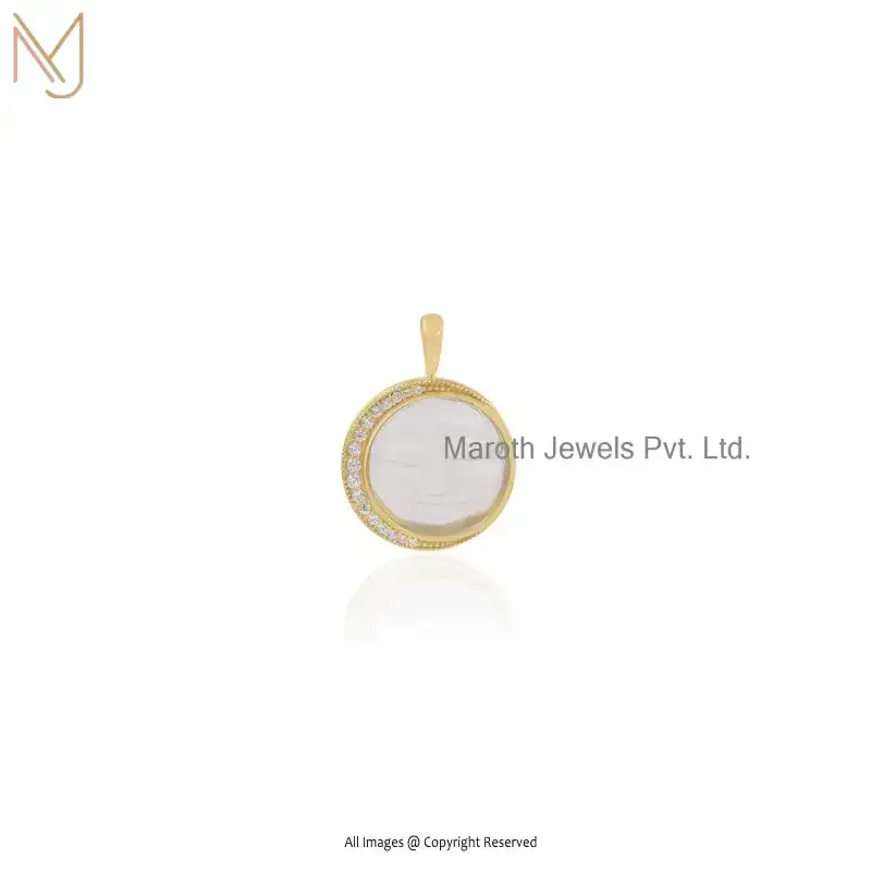 925 Silver Yellow Gold Plated Cubic Zircon & Clear Quartz Moon Face Pendant Jewelry Supplier