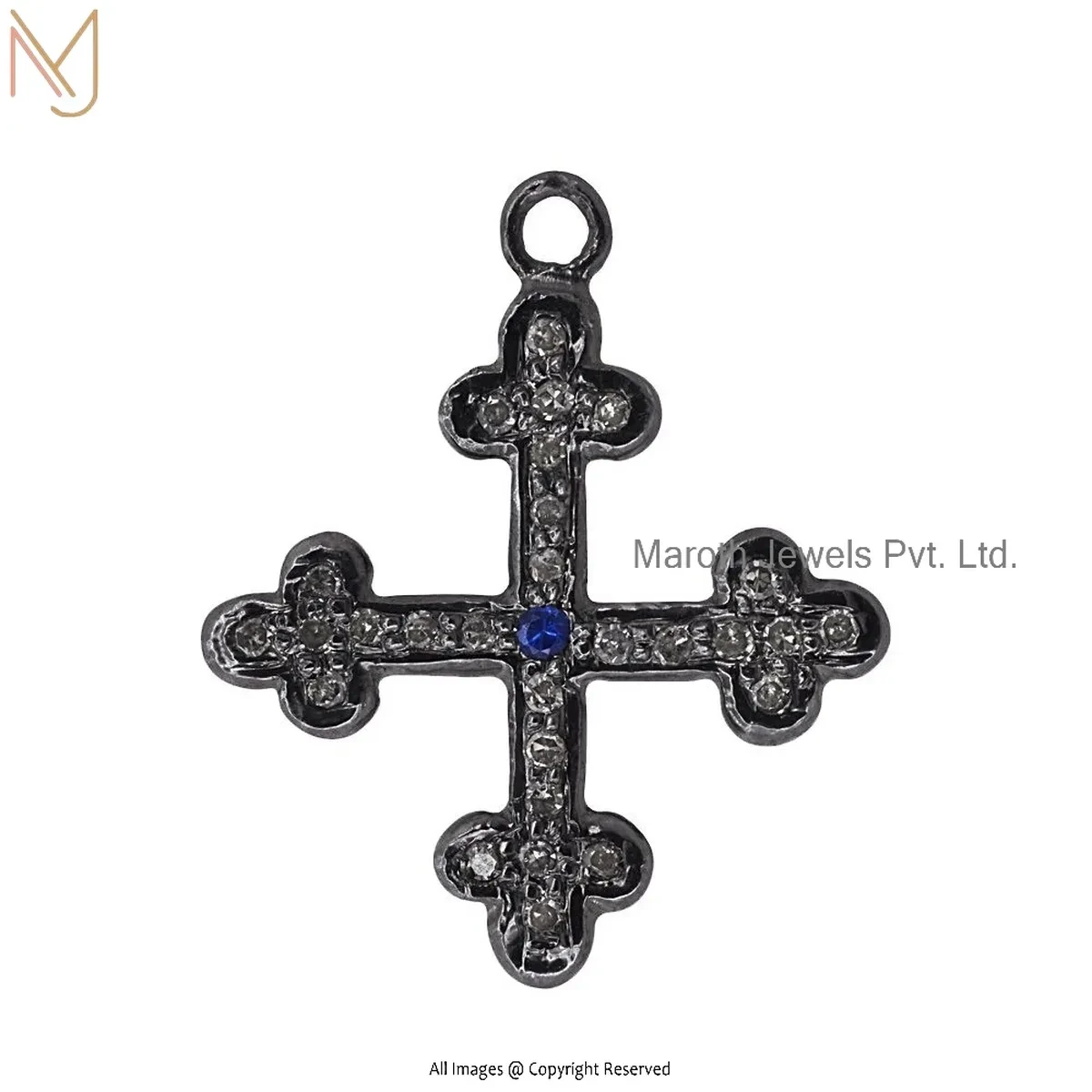 Private Lable 925 Silver Yellow Gold Plated Pave Diamond And Blue Sapphire Cross Pendant