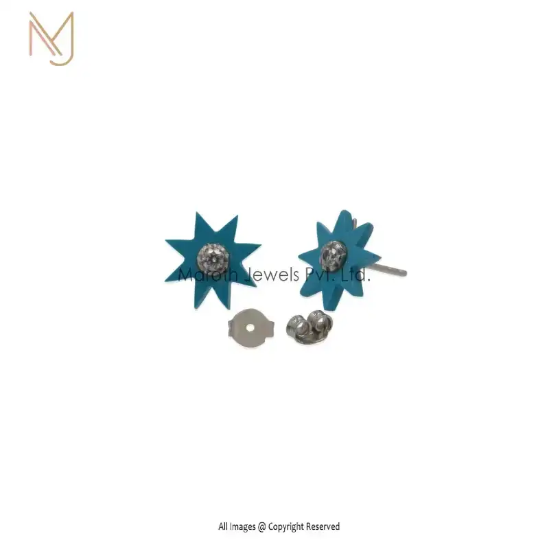 Wholesale 925 Silver White Gold Moissanite Turquoise & Diamond Star Studs Earrings