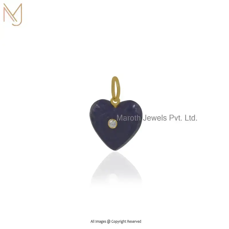 14K Yellow Gold Lapiz Lazuli & Cubic Zircon Heart Gemstone Pendant Manufacturer