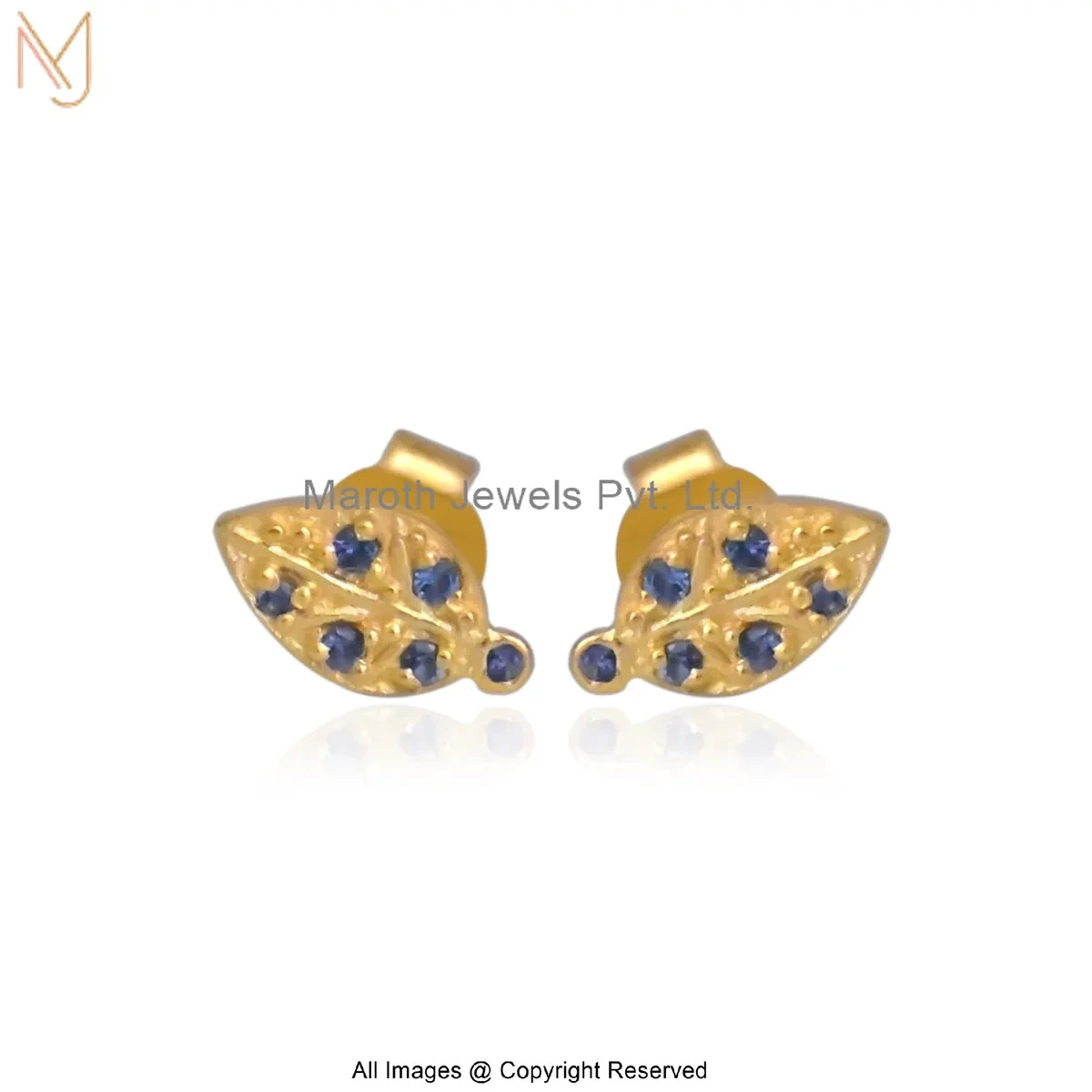 925 Silver Yellow Gold Plated Blue Sapphire Leaf Stud Earring Manufacturer