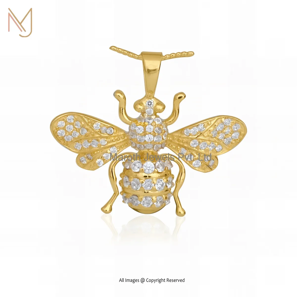 Wholesale 14K Yellow Gold Diamond White Cubic Zircon Honey Bee Pendant