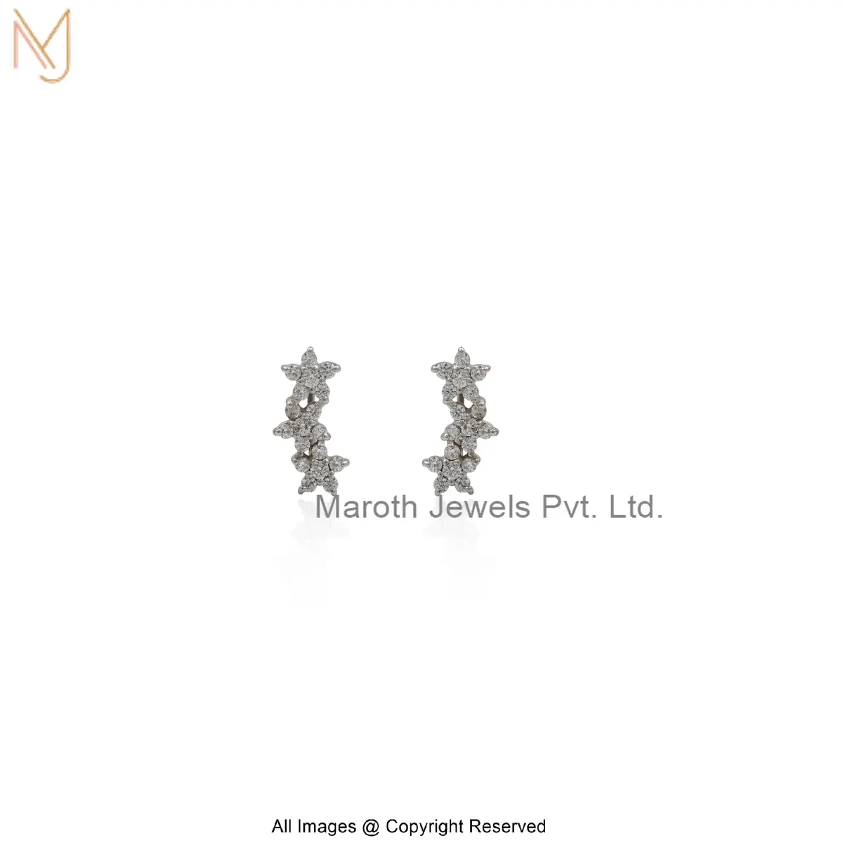 Private Lable 14K White Gold Diamond Cubic Zircon Triple Star Flower Shape Stud Earring