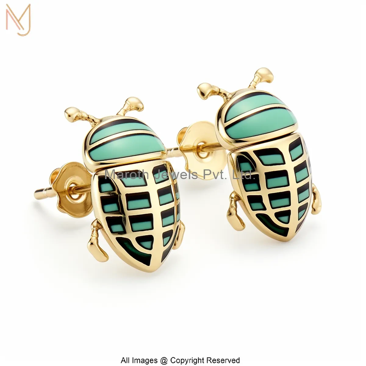 925 Silver Yellow Gold Plated Enamel Scarab Beetle Stud Earring Custom Jewelry