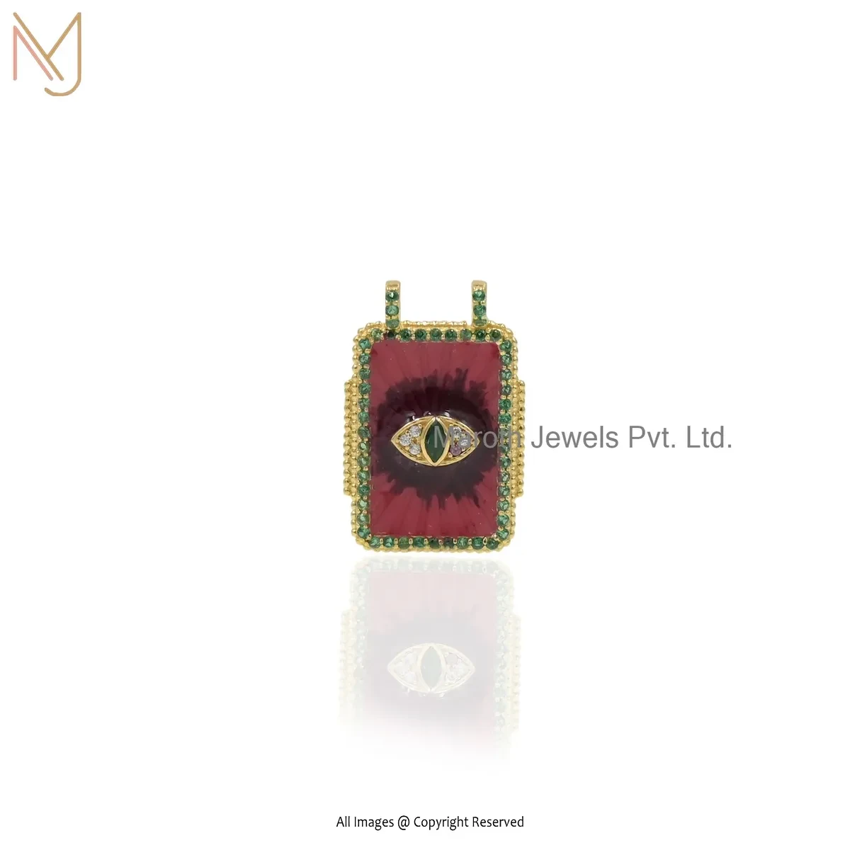 Private Lable 14K Yellow Gold Cubic Zircon & Enamel Gemstone Square Evil Eye Charm Pendant