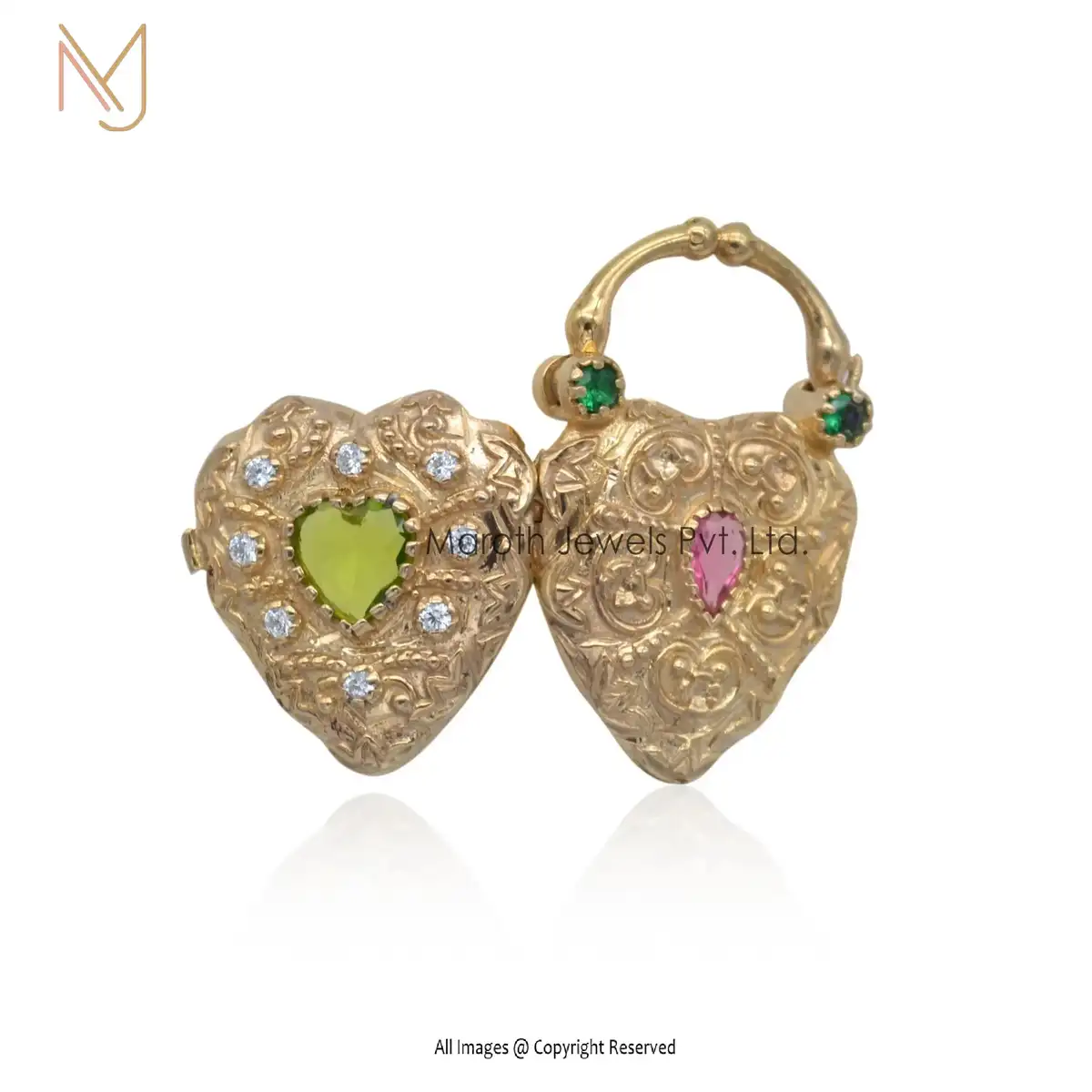 14K Yellow Gold CZ & Ruby Green Onyx Heart Padlock Pendant Jewelry USA