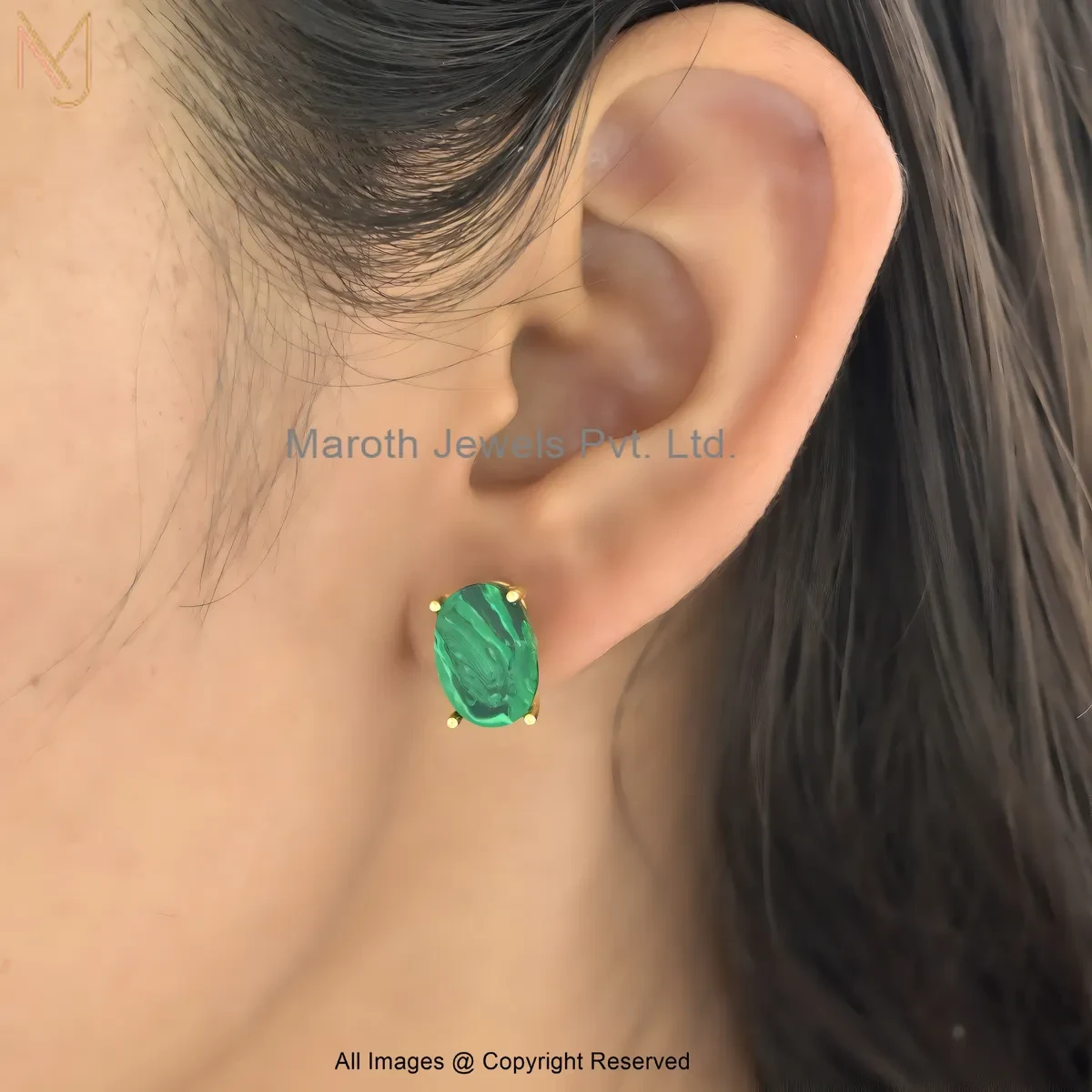 925 Silver Yellow Gold Plated Oval Green Malachite Stud Earrings Manufacturer