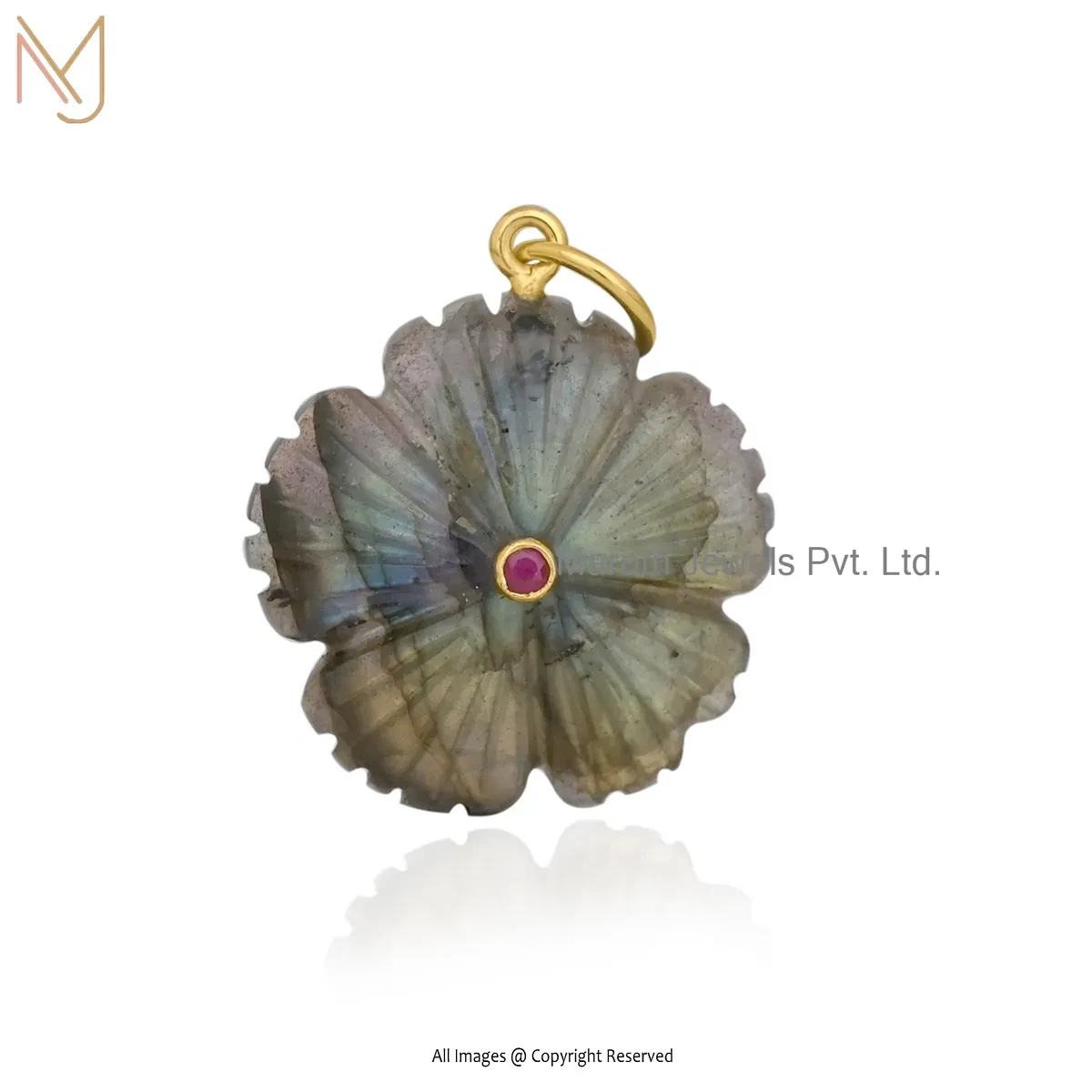 14K Yellow Gold Bloom Medallion Charm with Hand Carved Gemstone Floral Design Pendant Jewelry Supplier