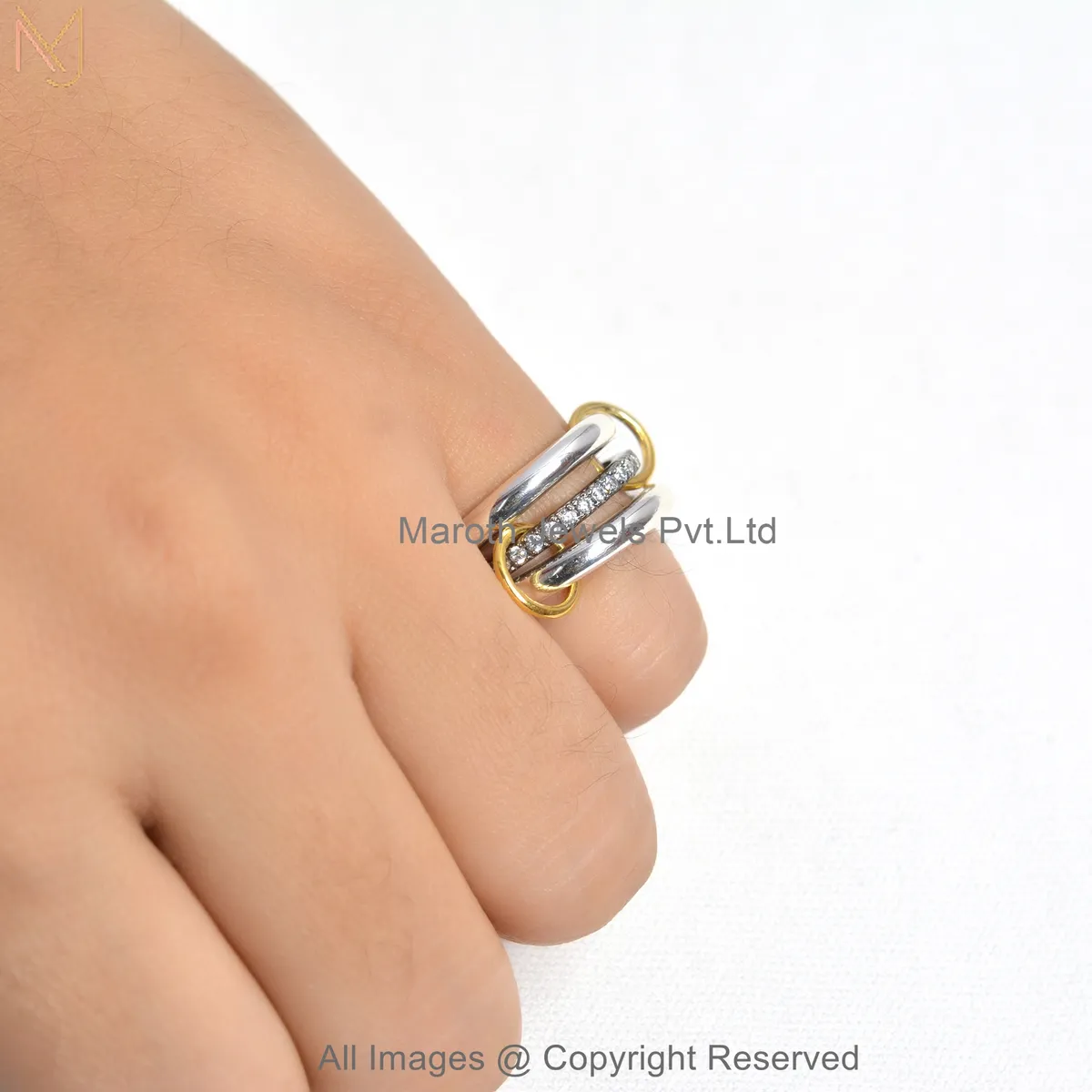 14K Yellow Gold Pave Diamond Connected Band Ring Jewelry Supplier